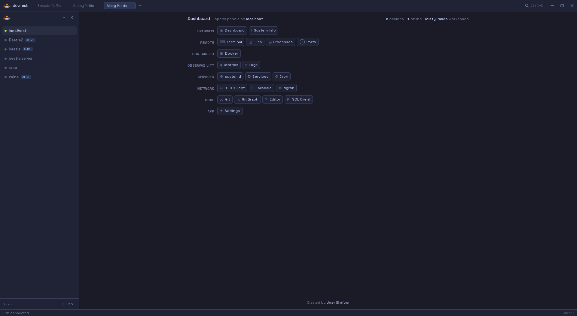 DevNest app showing the Dashboard panel with device list and panel categories